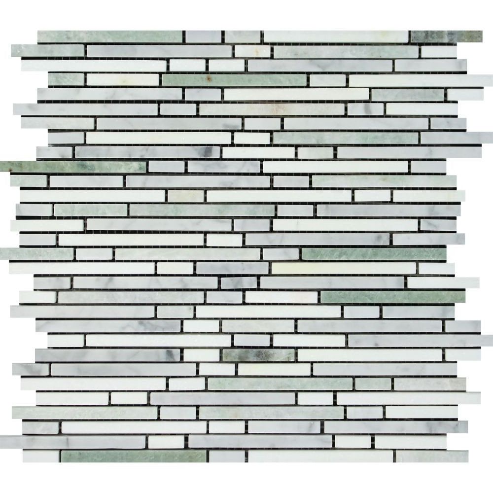 Thassos White Marble Honed Tricolor ( Thassos +Carrara +Ming-Green ) Bamboo Sticks Mosaic-Marble Mosaic-American Tile Depot