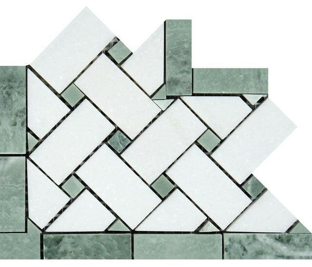 Thassos White Marble Polished Basketweave Border Corner w / Ming-Green Dots-Marble Border-American Tile Depot