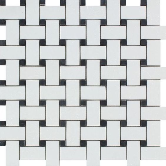 Thassos White Marble Polished Basketweave Mosaic Tile w/ Black Dots-Marble Mosaic-American Tile Depot