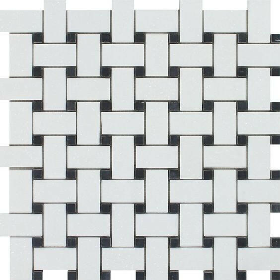 Thassos White Marble Polished Basketweave Mosaic Tile w/ Black Dots-Marble Mosaic-American Tile Depot