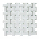 Thassos White Marble Polished Basketweave Mosaic Tile w/ Ming-Green Dots-Marble Mosaic-American Tile Depot