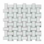 Thassos White Marble Polished Basketweave Mosaic Tile w/ Ming-Green Dots-Marble Mosaic-American Tile Depot