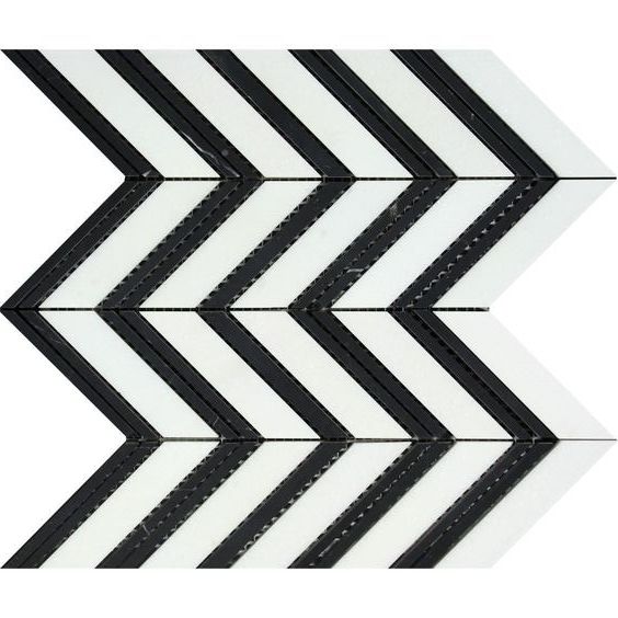 Thassos White Marble Polished Large Chevron Mosaic Tile w / Black Dots Strips-Marble Mosaic-American Tile Depot