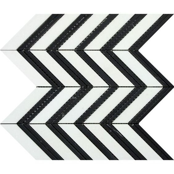 Thassos White Marble Polished Large Chevron Mosaic Tile w / Black Dots Strips-Marble Mosaic-American Tile Depot