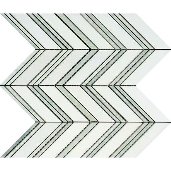 Thassos White Marble Polished Large Chevron Mosaic Tile w / Ming-Green Dots Strips-Marble Mosaic-American Tile Depot