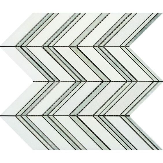 Thassos White Marble Polished Large Chevron Mosaic Tile w / Ming-Green Dots Strips-Marble Mosaic-American Tile Depot