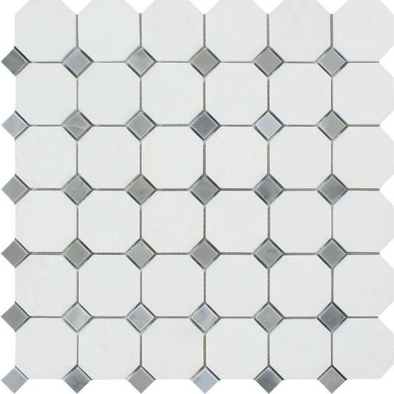 Thassos White Marble Polished Octagon Mosaic Tile w/ Blue Gray Dots-Marble Mosaic-American Tile Depot