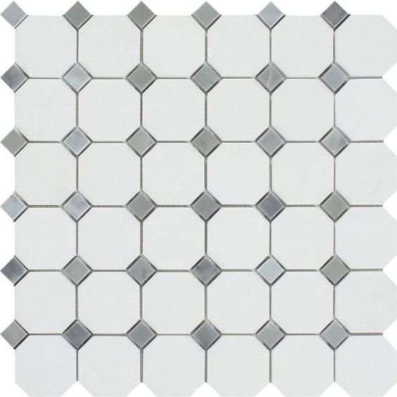 Thassos White Marble Polished Octagon Mosaic Tile w/ Blue Gray Dots-Marble Mosaic-American Tile Depot