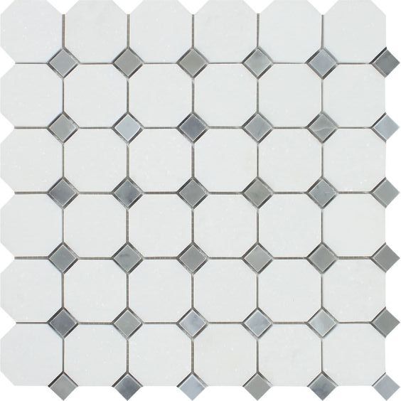 Thassos White Marble Polished Octagon Mosaic Tile w/ Blue Gray Dots-Marble Mosaic-American Tile Depot