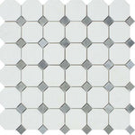 Thassos White Marble Polished Octagon Mosaic Tile w/ Blue Gray Dots-Marble Mosaic-American Tile Depot