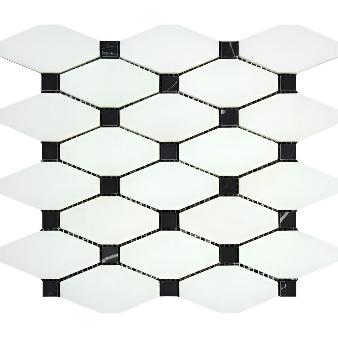 Thassos White Marble Polished Octave Pattern Mosaic Tile w/ Black Dots-Marble Mosaic-American Tile Depot