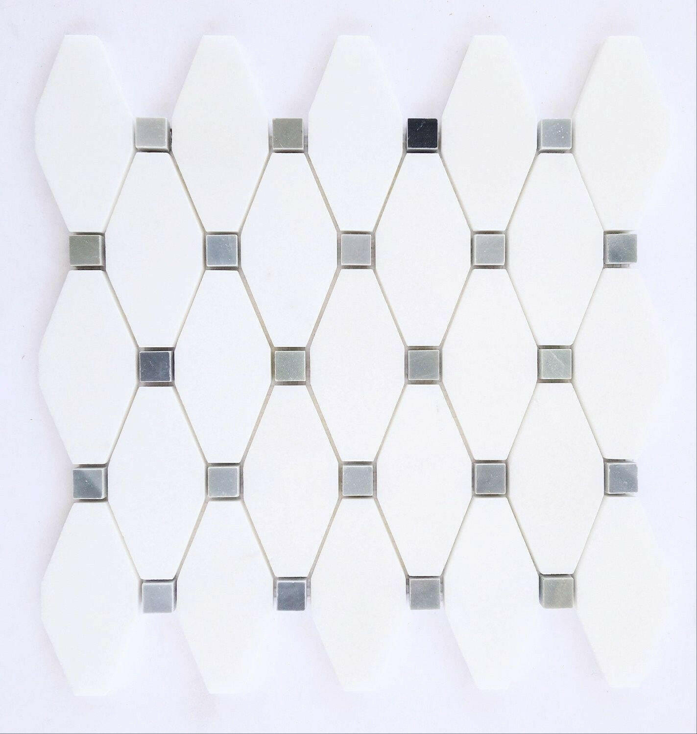 Thassos White Marble Polished Octave Pattern Mosaic Tile w/ Blue-Gray Dots-Marble Mosaic-American Tile Depot