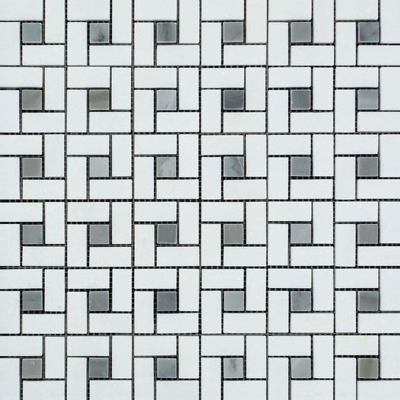 Thassos White Marble Polished Pinwheel Mosaic Tile w/ Blue-Gray Dots-Marble Mosaic-American Tile Depot