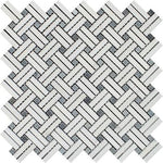 Thassos White Marble Polished Stanza Basketweave Mosaic Tile w/ Blue-gray Dots-Marble Mosaic-American Tile Depot