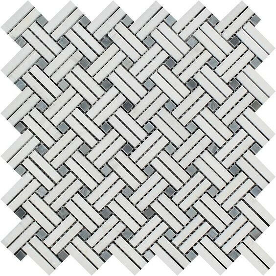 Thassos White Marble Polished Stanza Basketweave Mosaic Tile w/ Blue-gray Dots-Marble Mosaic-American Tile Depot