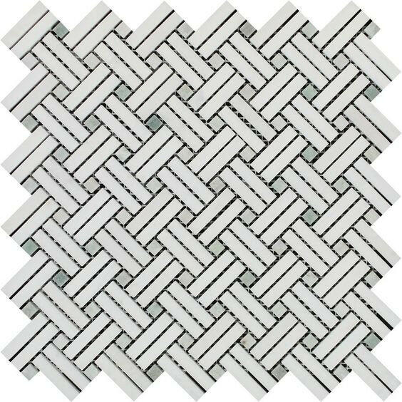 Thassos White Marble Polished Stanza Basketweave Mosaic Tile w/ Ming Green Dots-Marble Mosaic-American Tile Depot