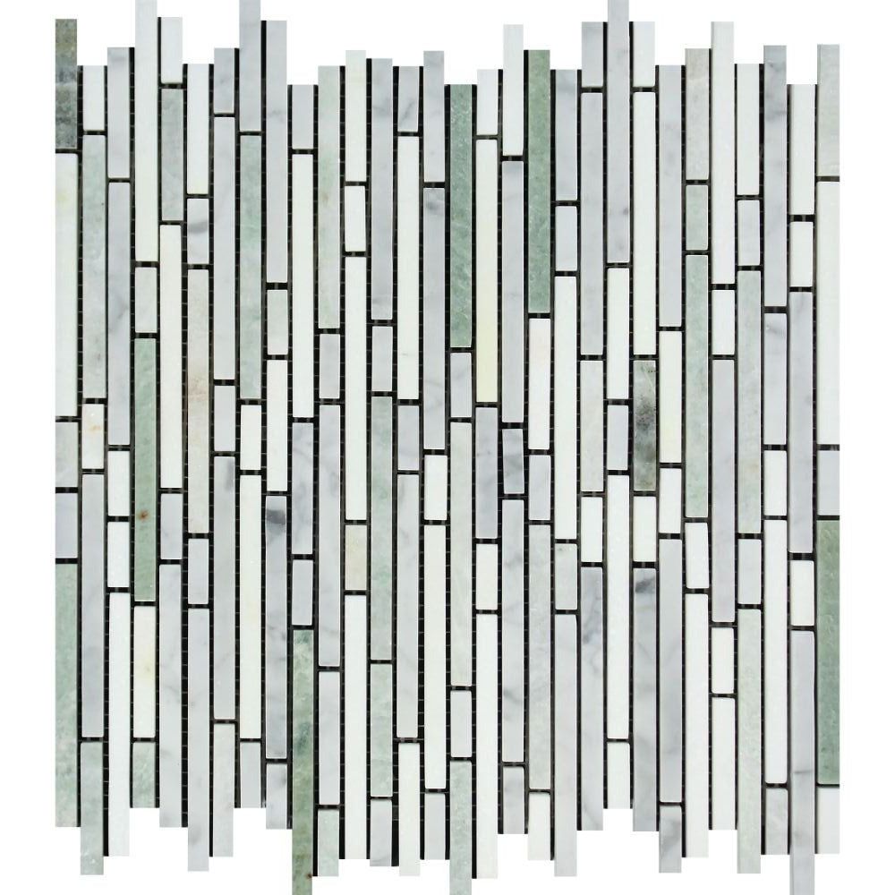 Thassos White Marble Polished Tricolor ( Thassos +Carrara +Ming-Green ) Bamboo Sticks Mosaic-Marble Mosaic-American Tile Depot