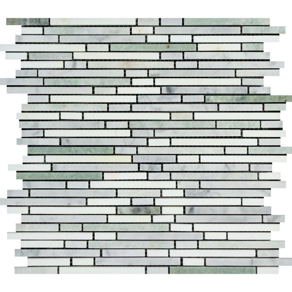 Thassos White Marble Polished Tricolor ( Thassos +Carrara +Ming-Green ) Bamboo Sticks Mosaic-Marble Mosaic-American Tile Depot