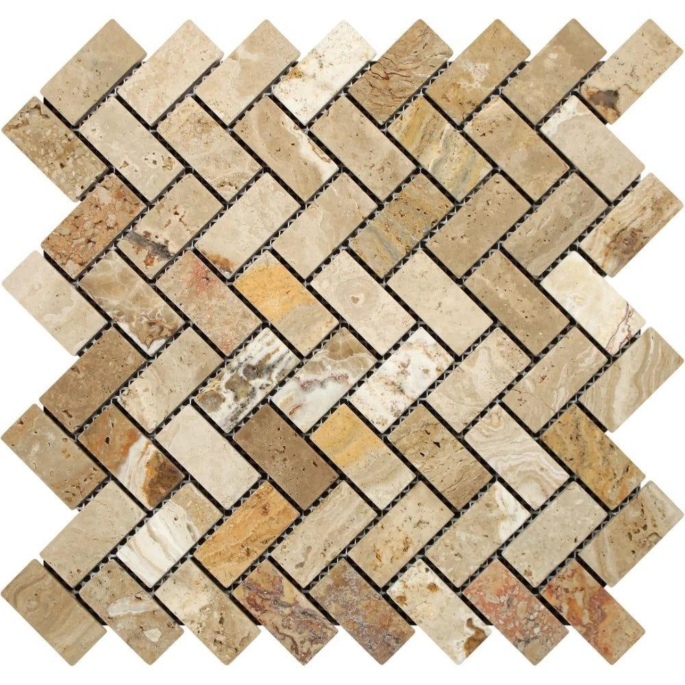 Valencia Travertine Tumbled 1 X 2 Herringbone Mosaic Tile-Travertine Mosaic-American Tile Depot