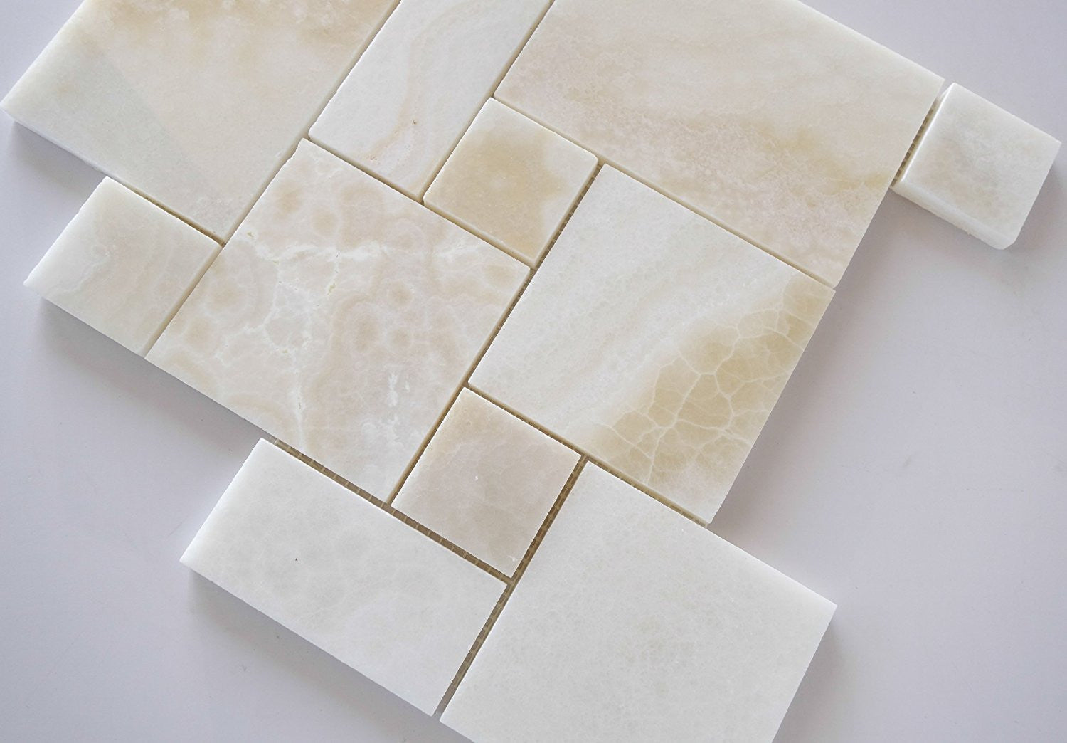 Premium White Onyx CROSS-CUT 4-Pieced OPUS Mini-Pattern Polished Mosaic Tile