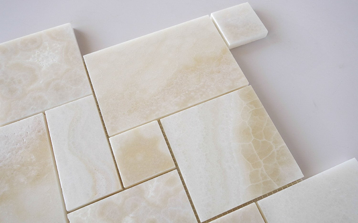 Premium White Onyx CROSS-CUT 4-Pieced OPUS Mini-Pattern Polished Mosaic Tile