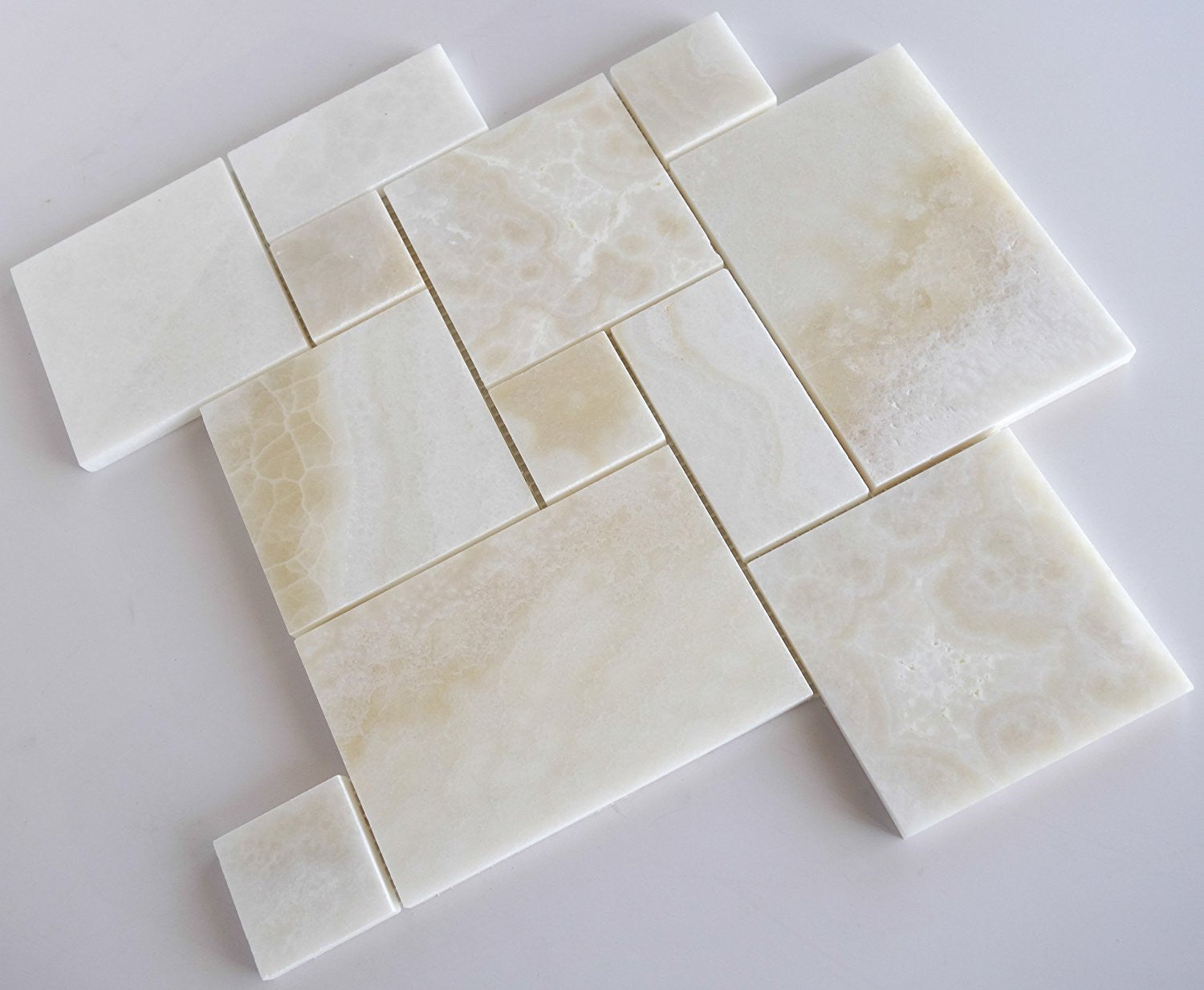 Premium White Onyx CROSS-CUT 4-Pieced OPUS Mini-Pattern Polished Mosaic Tile