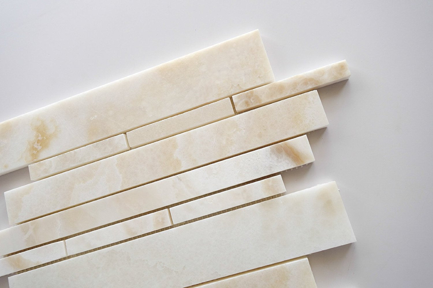 Premium White Onyx CROSS-CUT Polished Random Strip Mosaic Tile