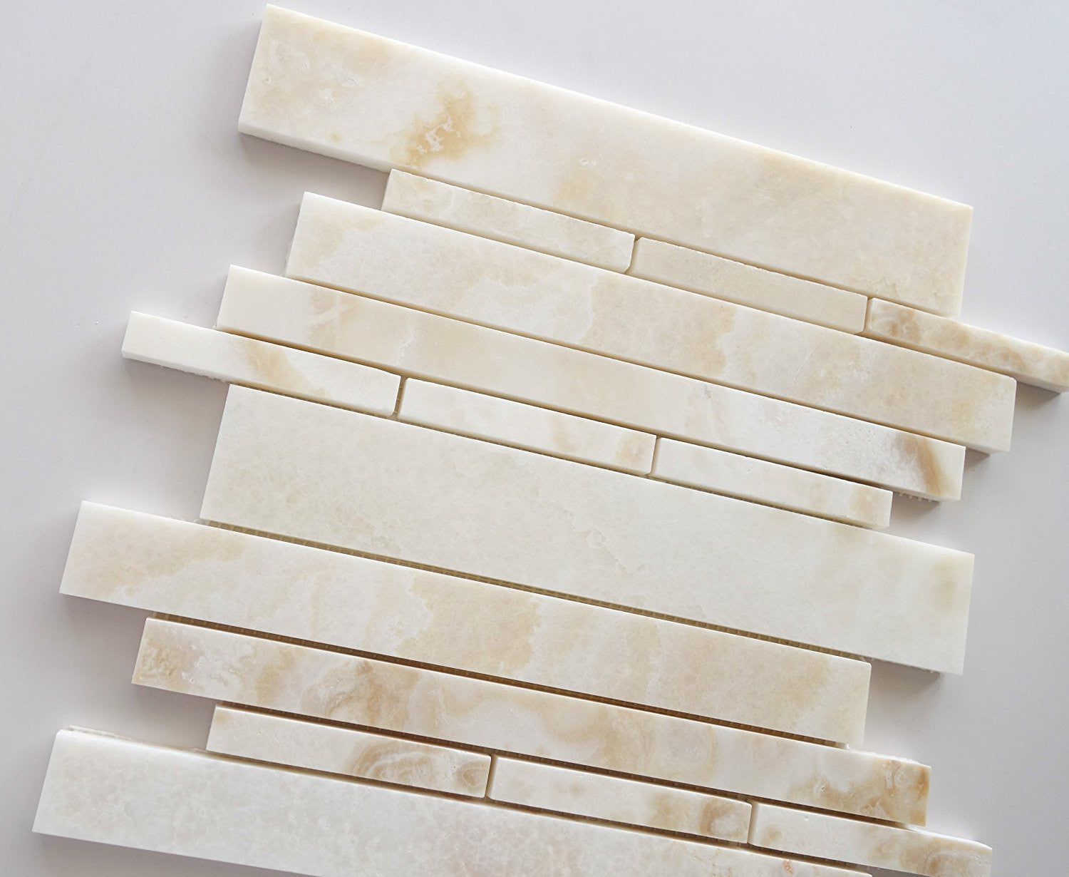 Premium White Onyx CROSS-CUT Polished Random Strip Mosaic Tile