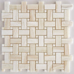 Premium White Onyx VEIN-CUT Basketweave Polished Mosaic Tile w/ White Onyx Dots-Marble Mosaic-American Tile Depot