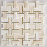 Premium White Onyx VEIN-CUT Basketweave Polished Mosaic Tile w/ White Onyx Dots