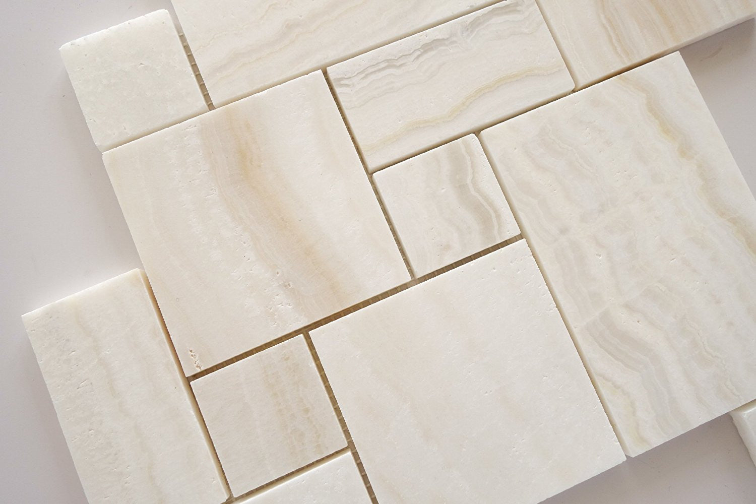 Premium White Onyx VEIN-CUT 4-Pieced OPUS Mini-Pattern Polished Mosaic Tile