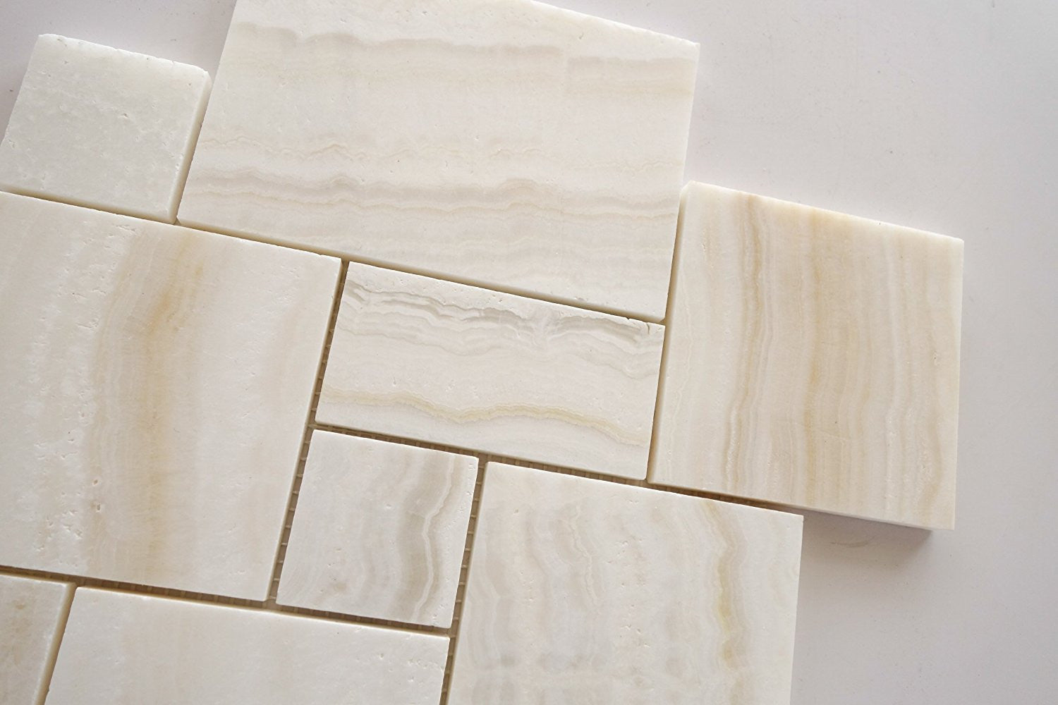 Premium White Onyx VEIN-CUT 4-Pieced OPUS Mini-Pattern Polished Mosaic Tile