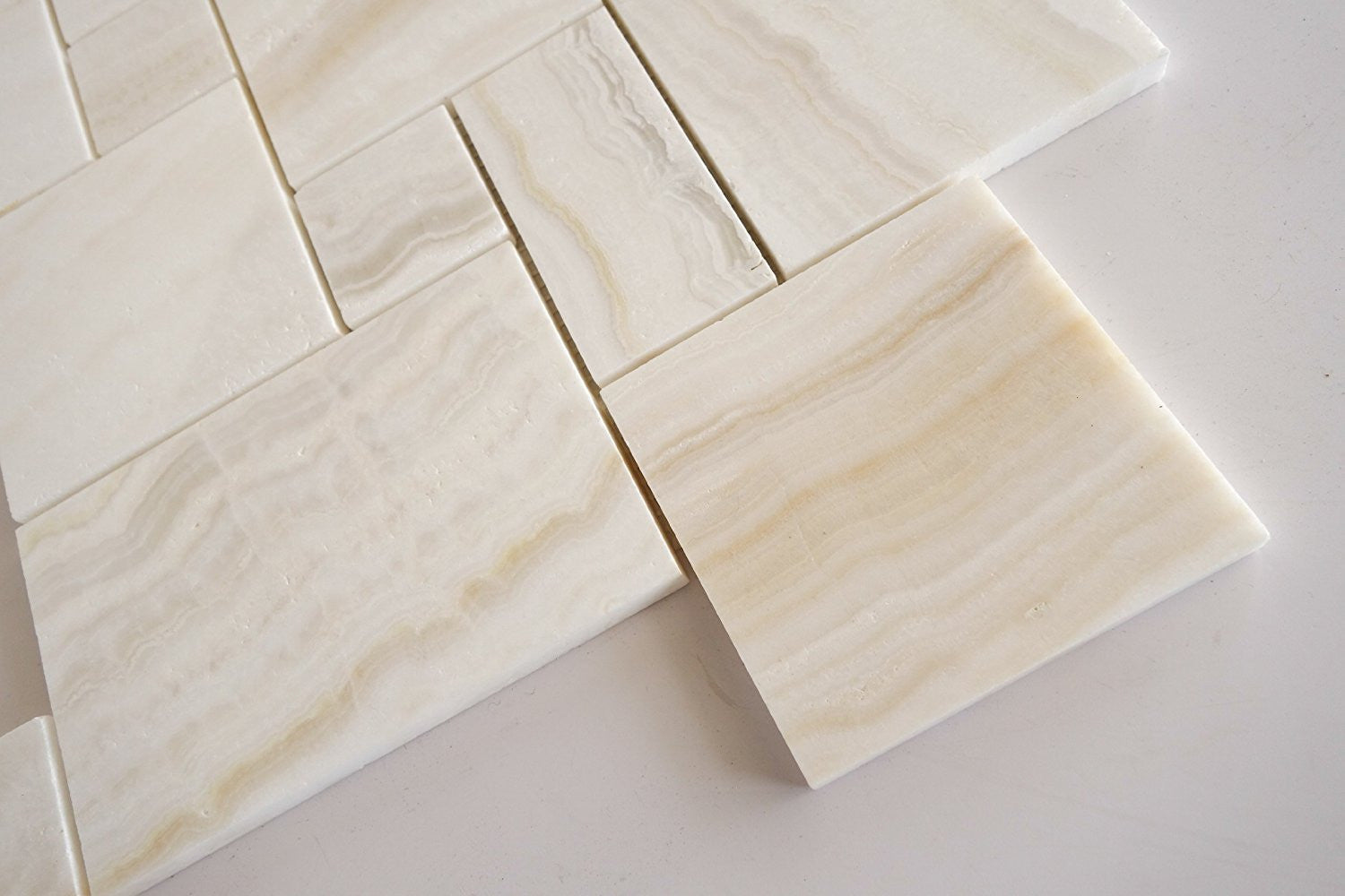 Premium White Onyx VEIN-CUT 4-Pieced OPUS Mini-Pattern Polished Mosaic Tile