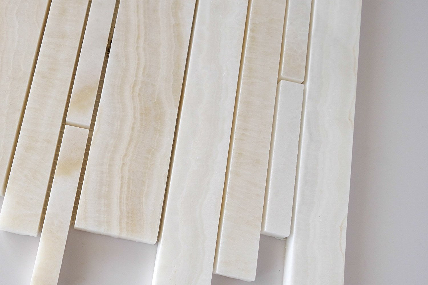 Premium White Onyx VEIN-CUT Polished Random Strip Mosaic Tile