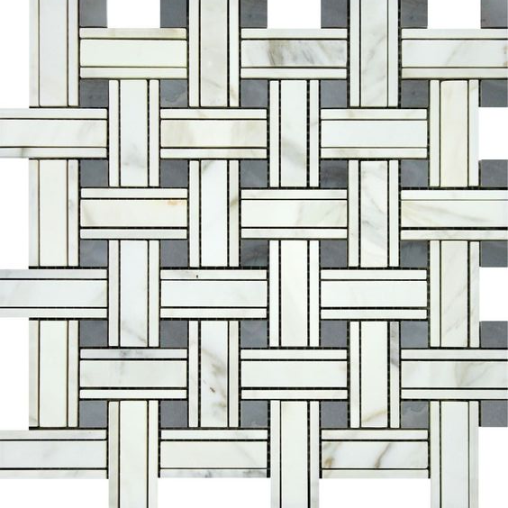 Calacatta Gold Marble Honed Triple Weave Mosaic Tile w / Blue Gray Dots-Marble Mosaic-American Tile Depot