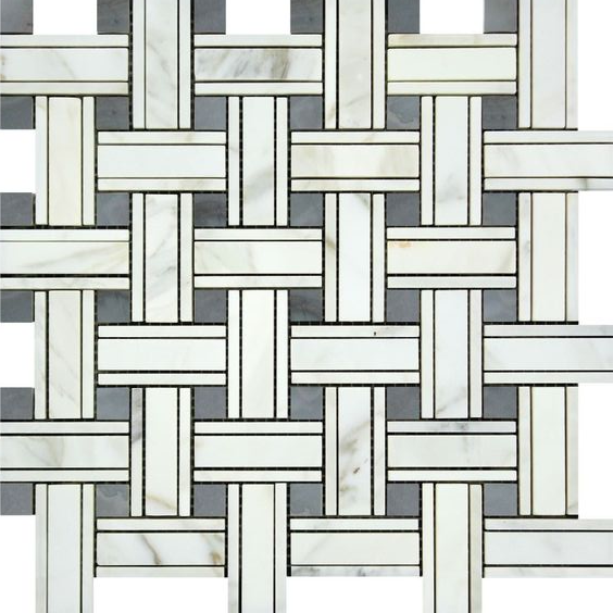 Calacatta Gold Marble Honed Triple Weave Mosaic Tile w / Blue Gray Dots-Marble Mosaic-American Tile Depot