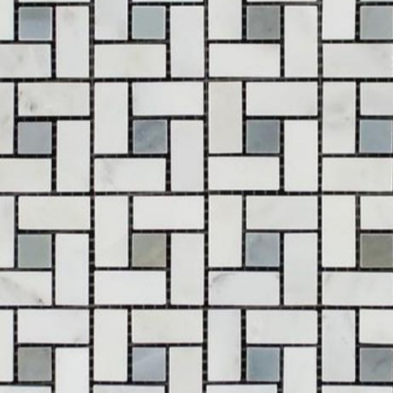 Oriental White / Asian Statuary Marble Honed Pinwheel Mosaic Tile w/ Blue Gray Dots-Marble Mosaic-American Tile Depot