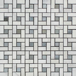 Oriental White / Asian Statuary Marble Honed Pinwheel Mosaic Tile w/ Blue Gray Dots-Marble Mosaic-American Tile Depot