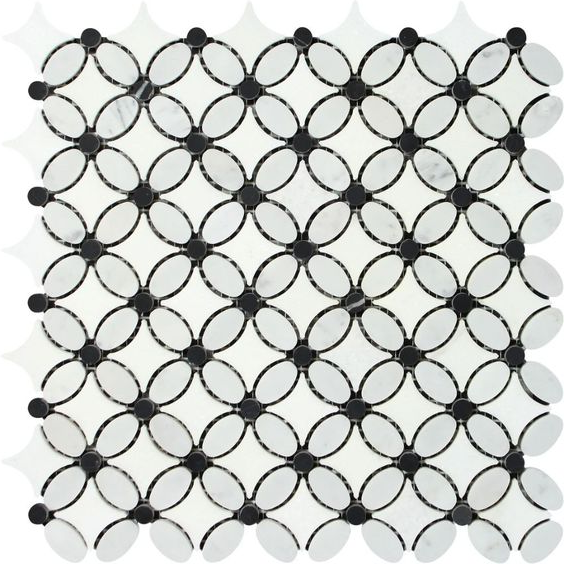 Thassos White Marble Polished Florida Flower Mosaic Tile w/Black Dots-Marble Mosaic-American Tile Depot