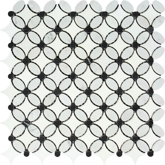 Thassos White Marble Honed Florida Flower Mosaic Tile w/Black Dots-Marble Mosaic-American Tile Depot