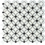 Carrara White Marble Honed Florida Flower Mosaic Tile w/Black Dots-Marble Mosaic-American Tile Depot