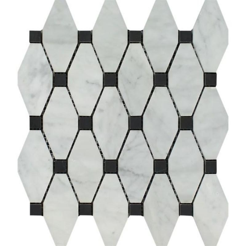 Carrara White Marble Honed Octave Pattern Mosaic Tile w/ Black Dots-Marble Mosaic-American Tile Depot