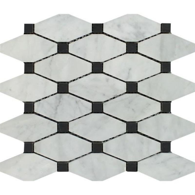 Carrara White Marble Honed Octave Pattern Mosaic Tile w/ Black Dots-Marble Mosaic-American Tile Depot