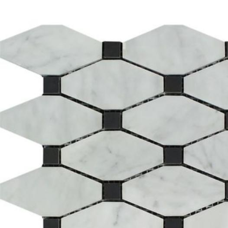 Carrara White Marble Honed Octave Pattern Mosaic Tile w/ Black Dots-Marble Mosaic-American Tile Depot