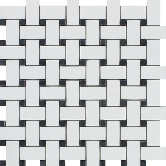 Thassos White Marble Polished Basketweave Mosaic Tile w/ Black Dots-Marble Mosaic-American Tile Depot