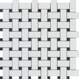 Thassos White Marble Polished Basketweave Mosaic Tile w/ Black Dots