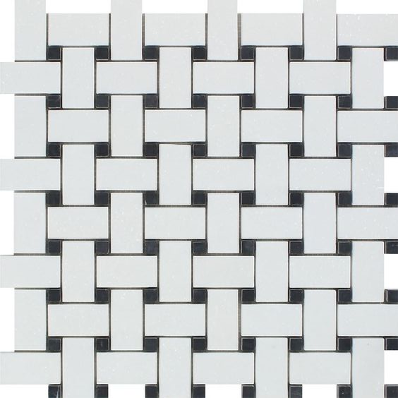 Thassos White Marble Honed Basketweave Mosaic Tile w/ Black Dots-Marble Mosaic-American Tile Depot