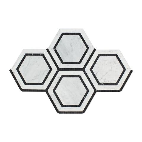 Carrara White Marble Honed 5" Hexagon Combination Mosaic Tile w / Black