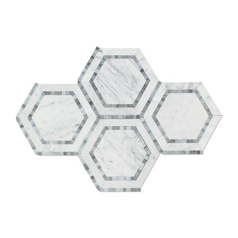 Carrara White Marble Polished 5" Hexagon Combination Mosaic Tile w / Blue-Gray