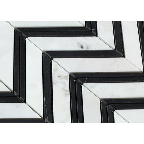 Carrara White Marble Honed Large Chevron Mosaic Tile w / Black Strips